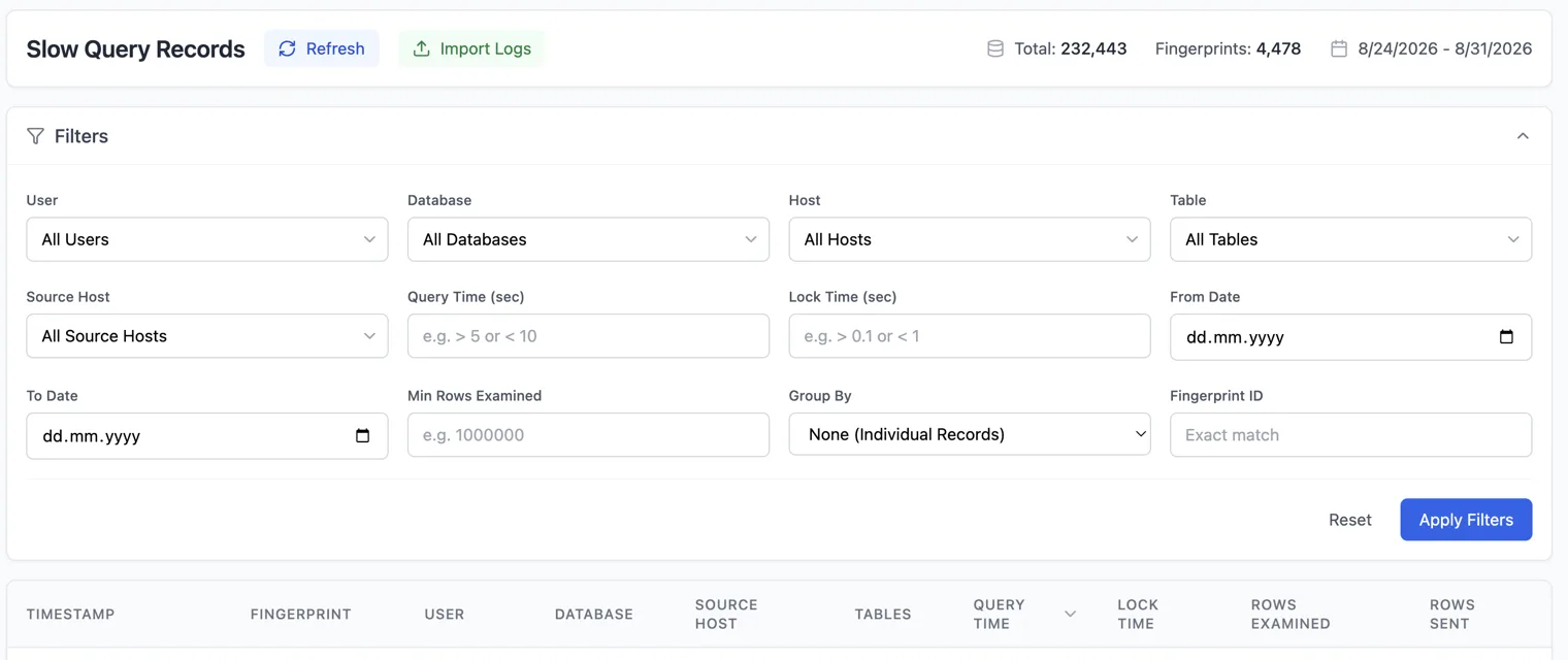 GoFast Enterprise web arayüzü: kullanıcı, veritabanı, sunucu, tablo ve tarih aralığı filtreleri